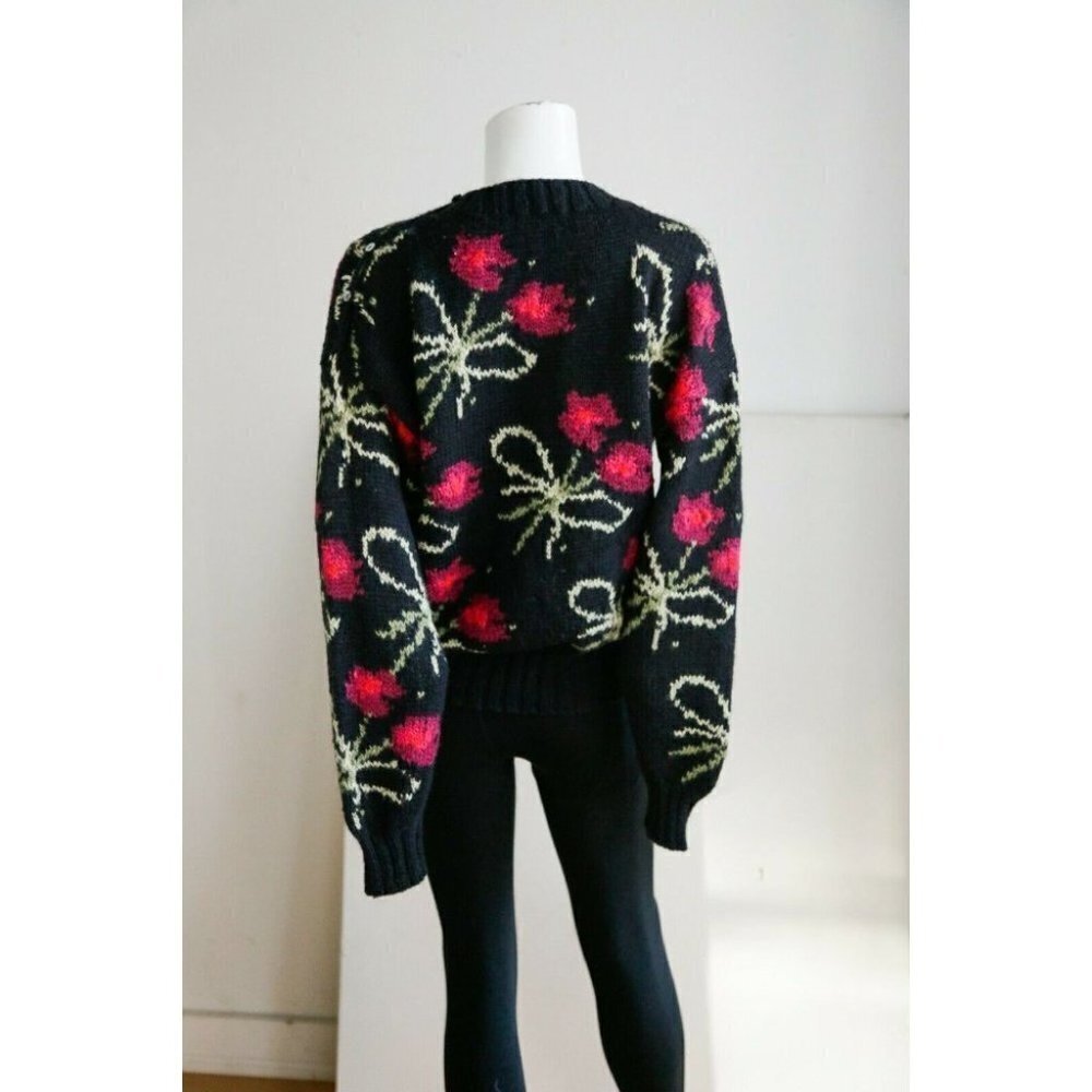 Vintage Y2K  Floral Novelty Print Black Pink Cute Statement Pullover S/M - Picture 8 of 9